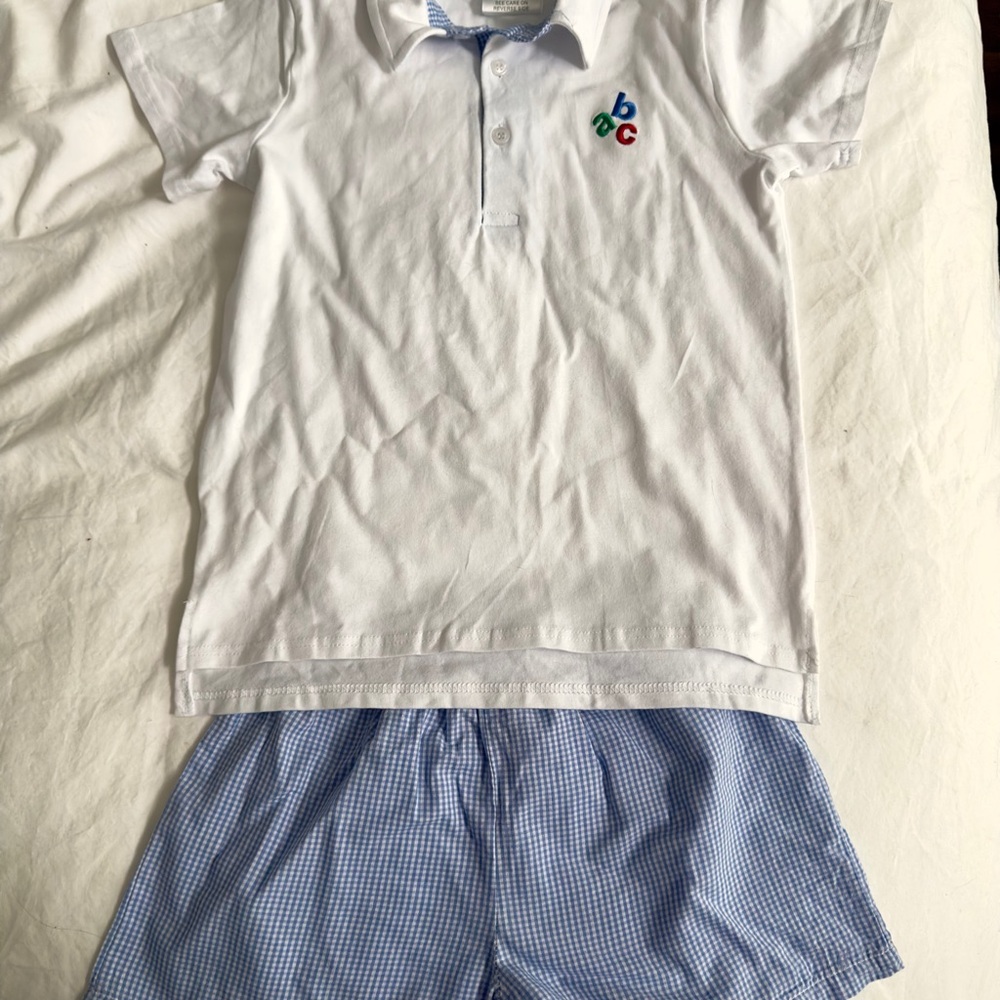 Classic Whimsy “ABC” Polo Shirt with Blue Checkered Shorts - Size 8